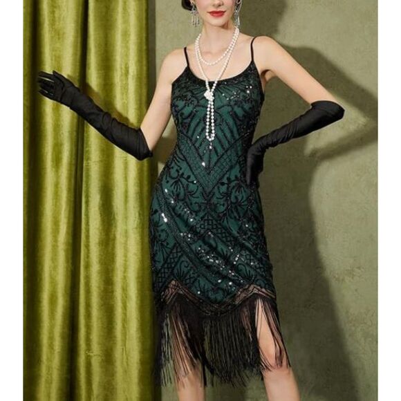 NEW Yessa Flapper Dress 1920s Dark Green Sequin Fringe Gatsby Style Small NWT - Picture 1 of 6
